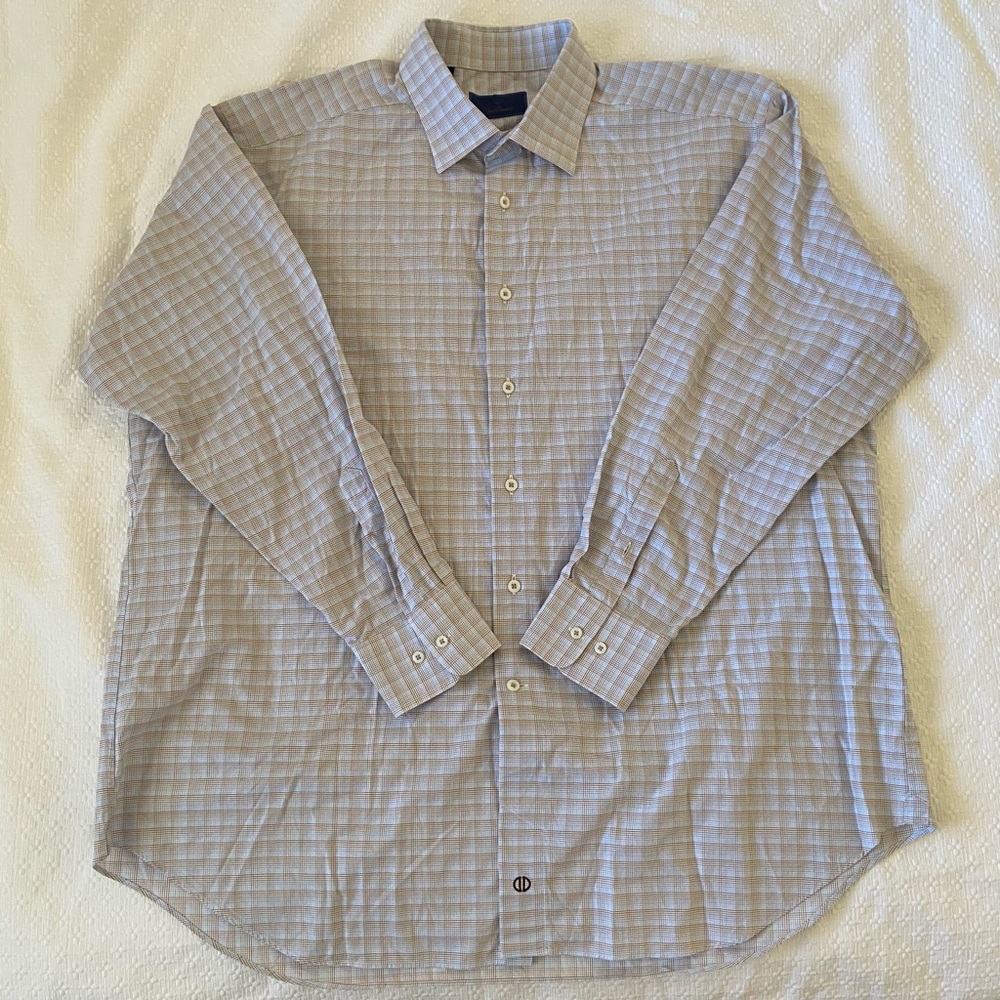 David Donahue Shirt 18 34/35 Brown Blue Dress Button Up Casual Long Sleeve Mens